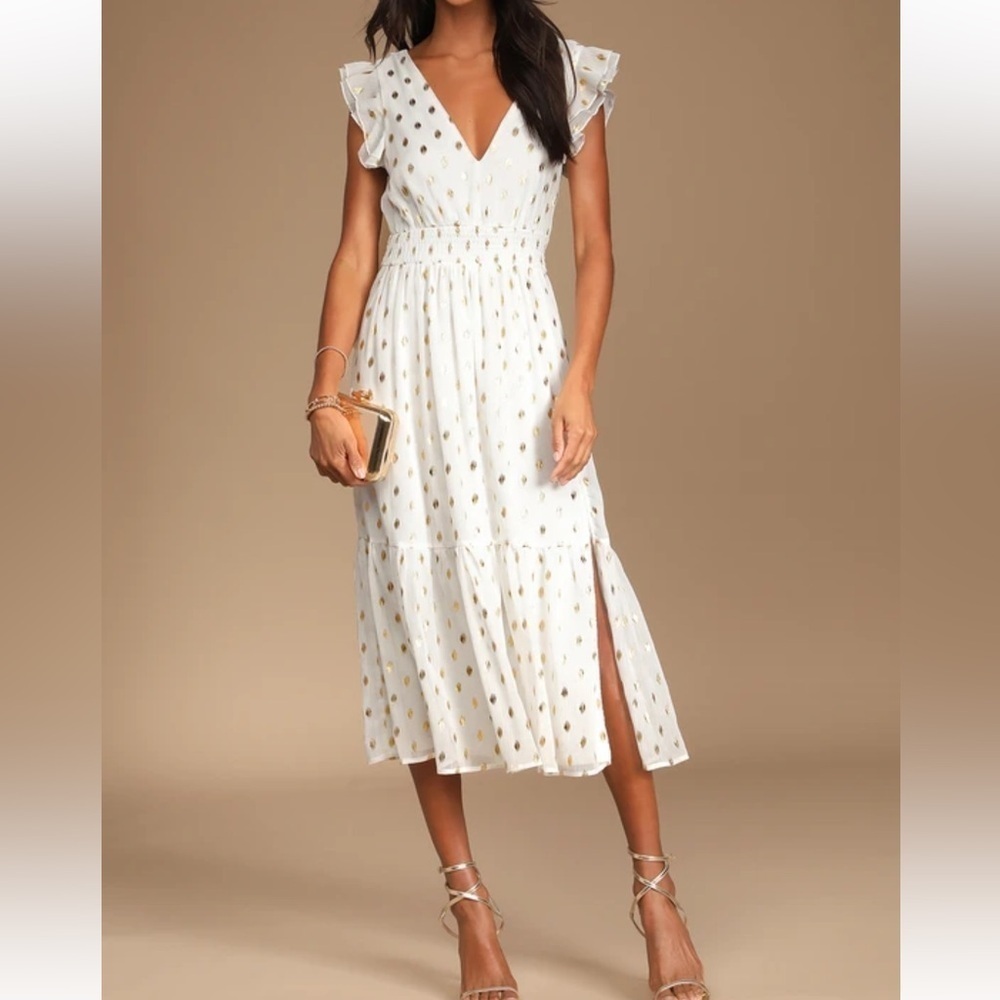 Lulus Cause to Celebrate White and Gold Dot Ruffled Tiered Midi Dress XS NWOT